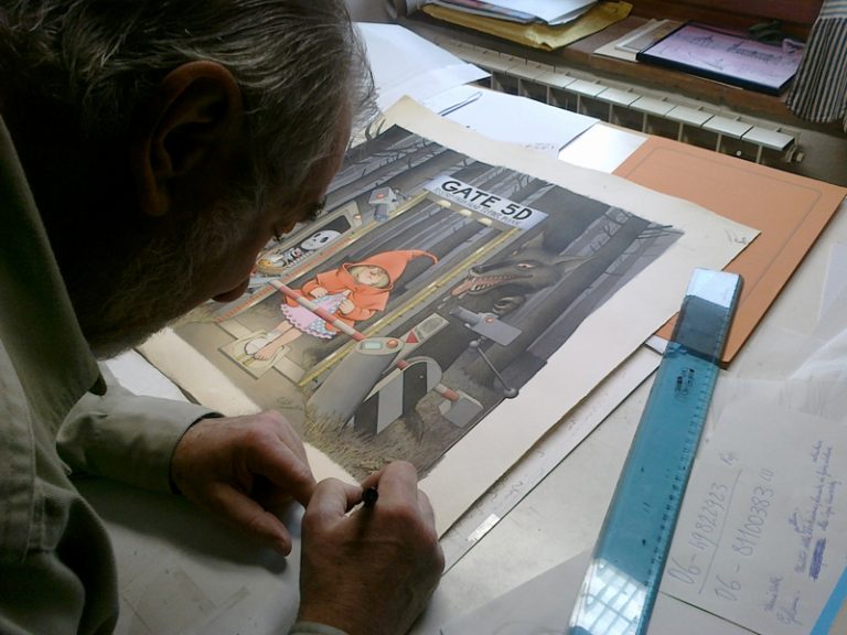 Roberto Innocenti completa la sua illustrazione per la mostra Privacy