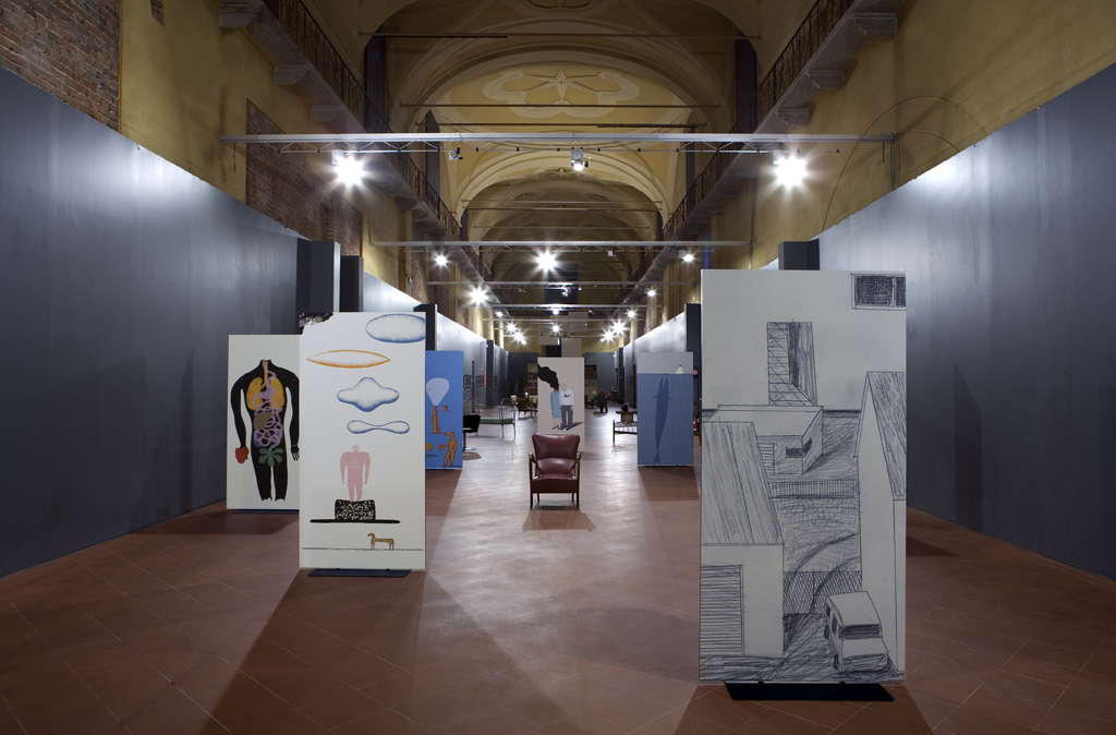 Allestimento mostra Siesta ed Elogio della pigrizia di Guido Scarabottolo - Santa Maria della Pietà Cremona