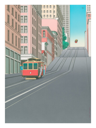 Guy Billout - Take Off Street car for SF airport