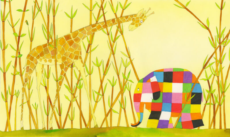 david-mckee-Elmer-on-stilts Illustrazione di David McKee